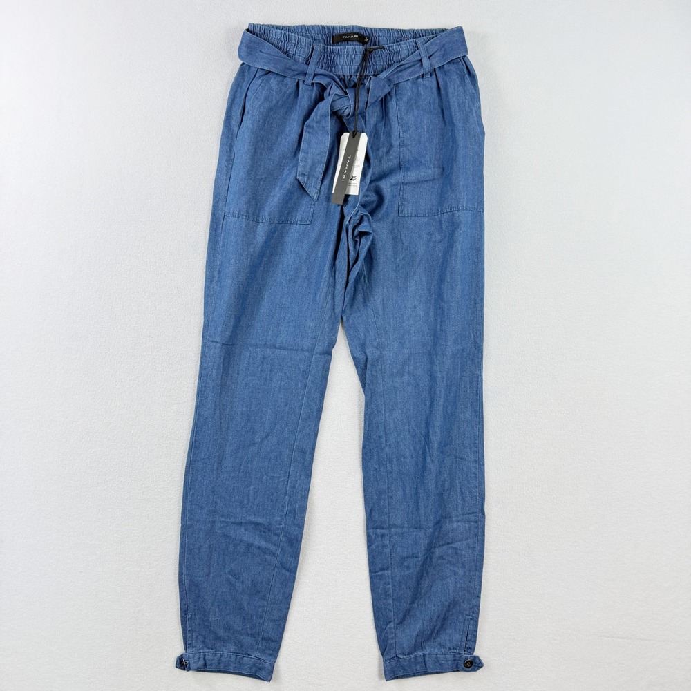 Tahari Belted Elastic Tapered Chambray Pants S Women Blue Plant Based Fibers NEW